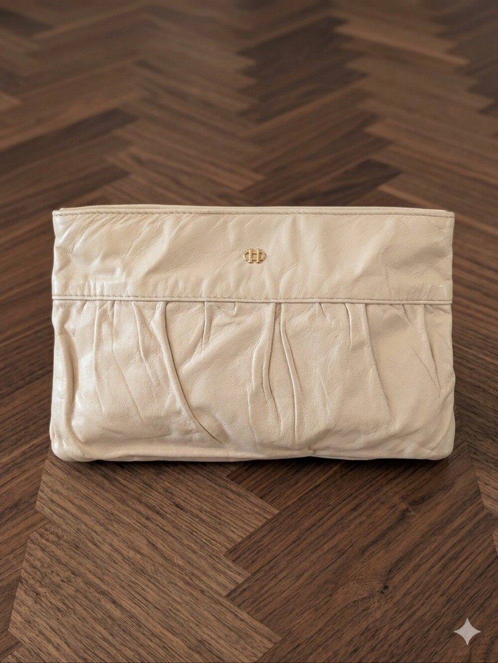 Neutral Cream Leather Clutch with Gold Accent